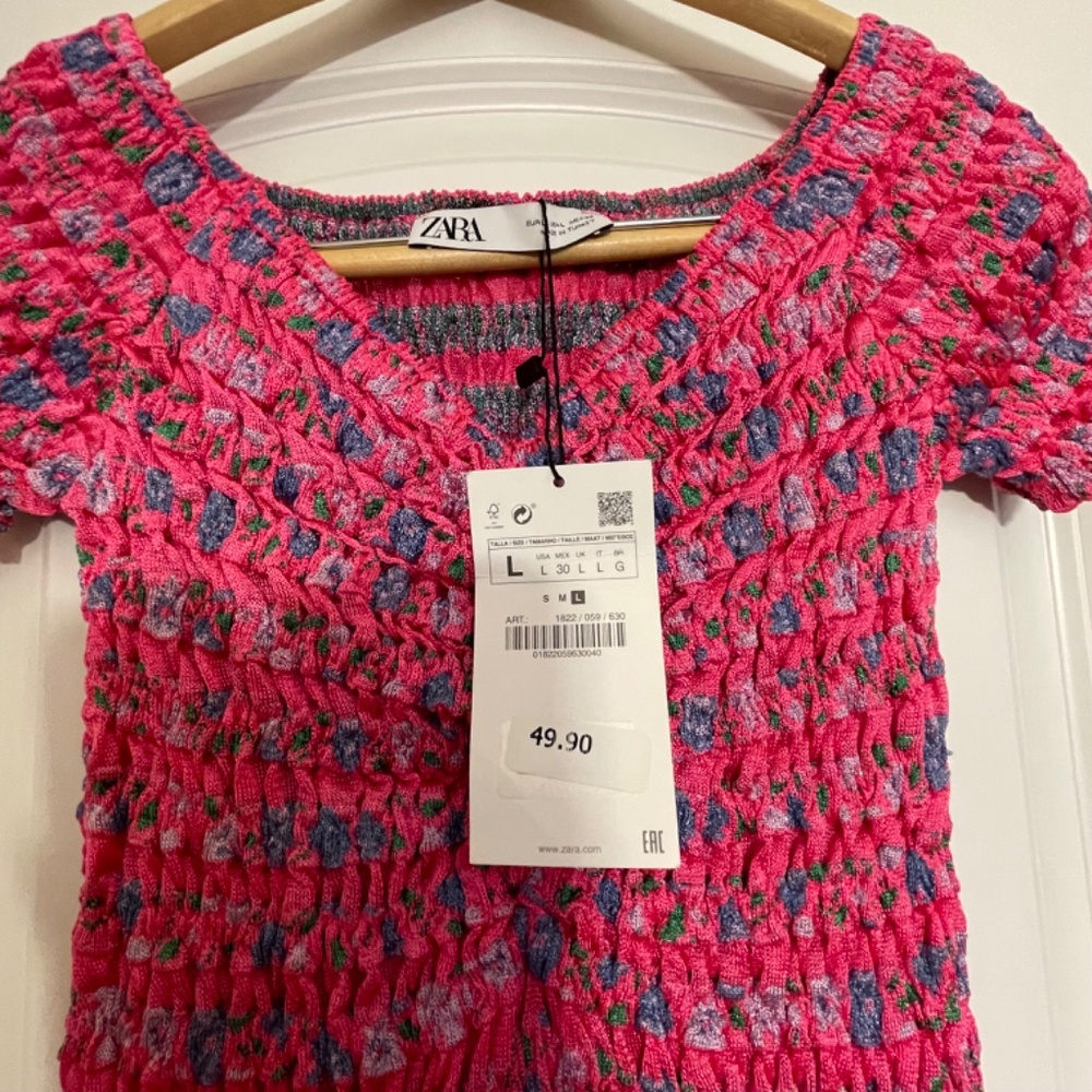 NWT  ZARA Hot  Pink Floral Smocked  Stretch Off Shoulder   Mini Dress Size L - Picture 4 of 13